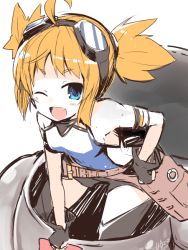 Rule 34 | 10s, 1girl, ;d, ahoge, armlet, belt, black gloves, blonde hair, blue eyes, fang, fingerless gloves, gloves, granblue fantasy, leaning forward, nanateru, one eye closed, open mouth, pengie, short hair, short shorts, short twintails, shorts, simple background, smile, solo, twintails, white background