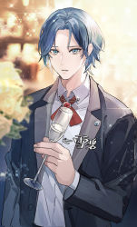 Rule 34 | 1boy, bko123, blue eyes, blue hair, blurry, blurry background, blurry foreground, champagne flute, cup, drinking glass, earrings, flower, formal, highres, jewelry, hasegawa langa, long sleeves, looking at viewer, male focus, red neckwear, simple background, sk8 the infinity, solo, suit, upper body