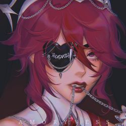 Rule 34 | 1girl, amoryvess, chain, character name, coif, eyepatch, eyes visible through hair, genshin impact, habit, highres, looking at viewer, purple eyes, red hair, rosaria (genshin impact), solo, teeth, veil