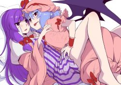 Rule 34 | &gt;:), 2girls, arm garter, barefoot, bat wings, blue hair, blunt bangs, blush, bow, bowtie, dress, eichi yuu, hair bow, hat, hat ribbon, jpeg artifacts, light purple hair, long hair, looking at viewer, lying, mob cap, multiple girls, no headwear, on back, parted lips, patchouli knowledge, pink dress, puffy short sleeves, puffy sleeves, purple eyes, purple hair, red bow, red bowtie, red eyes, red ribbon, remilia scarlet, ribbon, short dress, short hair, short sleeves, smile, striped clothes, striped dress, tongue, tongue out, touhou, v-shaped eyebrows, vertical-striped clothes, vertical-striped dress, white background, wings, wrist cuffs, yuri