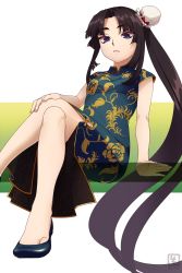 Rule 34 | absurdly long hair, alternate costume, arm support, bad id, bad pixiv id, black hair, blue eyes, china dress, chinese clothes, dress, fate/grand order, fate (series), hand on own knee, highres, invisible chair, japanese clothes, crossed legs, long hair, parted lips, shimomoto, shoes, short sleeves, side ponytail, sitting, solo, toe cleavage, ushiwakamaru (fate), very long hair