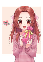 Rule 34 | 1girl, :d, aikatsu! (series), aikatsu on parade!, bad id, bad pixiv id, blush, bow, brown background, brown eyes, brown hair, brown shirt, commentary request, forehead, gift, hair bow, hands up, happy valentine, heart, holding, holding gift, long hair, long sleeves, looking at viewer, open mouth, otoshiro noel, parted bangs, pink bow, shirt, smile, solo, striped clothes, striped shirt, twitter username, two-tone background, upper body, valentine, white background, yellow bow, yumoran