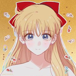 Rule 34 | 1girl, aino minako, bare shoulders, bishoujo senshi sailor moon, blonde hair, blue eyes, close-up, commentary, earrings, flower, gradient background, hair between eyes, hair ribbon, highres, jewelry, long hair, looking at viewer, red ribbon, ribbon, simple background, smile, solo, star (symbol), symbol-only commentary, yellow background, yoursincere