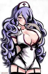 Rule 34 | 1girl, arm behind back, artist name, breasts, camilla (fire emblem), cleavage, curvy, finger to mouth, fire emblem, hair over one eye, highres, large breasts, legs, long hair, looking at viewer, nintendo, nurse, purple eyes, purple hair, seductive smile, smile, thighs, unzipped, very long hair