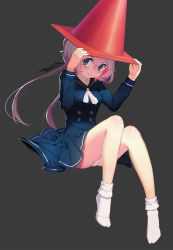 Rule 34 | 1girl, bare legs, black dress, black sailor collar, blue eyes, bobby socks, commentary, dress, grey background, grey hair, highres, konno junko, long hair, long sleeves, low twintails, no shoes, panties, sailor collar, sailor dress, siunaus, socks, solo, traffic cone, twintails, underwear, white neckwear, white panties, zombie land saga