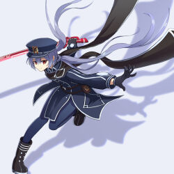 Rule 34 | 1girl, absurdres, black hat, black scarf, boots, duel monster, full body, gloves, grey hair, hat, highres, holding, holding sword, holding weapon, kyrion, long hair, long sleeves, peaked cap, red eyes, scarf, shadow, sky striker ace - roze, solo, standing, standing on one leg, sword, twintails, weapon, yu-gi-oh!