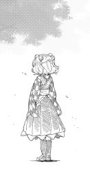 Rule 34 | 1girl, apron, bell, boots, checkered clothes, checkered kimono, commentary request, from behind, full body, greyscale, hair bell, hair ornament, japanese clothes, jingle bell, kimono, leaf, falling leaves, long sleeves, monochrome, motoori kosuzu, short hair, simple background, solo, tanasuke, touhou, tree, two side up, white background, wide sleeves
