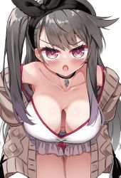 Rule 34 | 1girl, :o, azur lane, bent over, blush, breasts, camisole, cardigan, choker, cleavage, collarbone, downblouse, extended downblouse, grey hair, hairband, hands on own hips, hanging breasts, highres, large breasts, leaning forward, long hair, looking at viewer, mikage (shibi), navel, no bra, open cardigan, open clothes, pamiat merkuria (azur lane), pamiat merkuria (sweet cherry memories) (azur lane), pendant choker, pink eyes, shorts, side ponytail, simple background, solo, strap slip, v-shaped eyebrows, white background