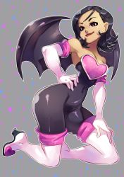 Rule 34 | 1girl, absurdres, amano maya, armor, atlus, bare shoulders, bat wings, black hair, boots, breastplate, breasts, cleavage, cosplay, crossover, gloves, high heels, highres, jumpsuit, looking at viewer, persona, persona 2, purple eyes, rafchu, rouge the bat, rouge the bat (cosplay), sega, smile, sonic (series), thighs, voice actor connection, wings