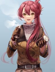 Rule 34 | 1girl, aoi hane, belt, can, commission, drink, eiyuu densetsu, gloves, highres, holding, holding can, jacket, leather, leather jacket, long hair, looking at viewer, pink hair, ponytail, sara valestein, sen no kiseki, simple background, skeb commission, smile, solo, steam, sweater, yellow eyes