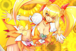 Rule 34 | 10s, 1girl, blonde hair, bow, breasts, brooch, cleavage, cure sunshine, floral background, flower, hair ribbon, heart, heart brooch, heartcatch precure!, huge breasts, long hair, magical girl, midriff, myoudouin itsuki, navel, orange bow, orange skirt, orange theme, precure, ribbon, sentarou, skirt, solo, sunflower, twintails, yellow background, yellow eyes