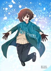 Rule 34 | 10s, 1girl, :d, absurdres, akiyama yukari, black footwear, black gloves, black pants, brown eyes, brown hair, casual, coat, commentary request, converse, cross-laced footwear, dated, fringe trim, full body, girls und panzer, gloves, green coat, highres, jumping, light particles, logo, looking at viewer, messy hair, one-hour drawing challenge, open clothes, open coat, open mouth, outstretched arms, pants, pinstripe pants, pinstripe pattern, ribbed sweater, shawl, shiina excel, shoes, short hair, smile, sneakers, snow, solo, star (symbol), striped clothes, striped pants, sweater, twitter username, vertical-striped clothes, vertical-striped pants, white sweater, winter clothes