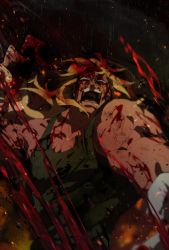 Rule 34 | 1boy, angry, artist request, black background, blonde hair, blood, douglas bullet, gloves, guro, highres, long hair, muscular, one piece, one piece: stampede, open mouth, pectorals, punching, serious, violence, white background, aged down