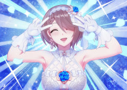Rule 34 | 1girl, absurdres, bare shoulders, blue flower, blue rose, breasts, commentary, dress, emotional engine - full drive, flower, gloves, hair ornament, hair over one eye, highres, honkai (series), honkai impact 3rd, large breasts, looking at viewer, mole, mole under eye, rita rossweisse, rose, short hair, smile, solo, thanabis, white dress, white gloves