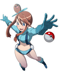 Rule 34 | 10s, 1girl, blue eyes, boots, brown hair, butcha-u, creatures (company), diglett, foreshortening, from above, full body, game freak, gen 1 pokemon, gloves, gym leader, hair ornament, hat, md5 mismatch, midriff, navel, nintendo, poke ball, pokemon, pokemon (creature), pokemon bw, resolution mismatch, short shorts, shorts, simple background, skyla (pokemon), solo, white background