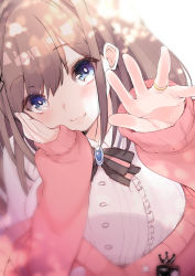 Rule 34 | 1girl, :3, absurdres, arm support, blue eyes, blush, bow, brown hair, buttons, cardigan, center frills, dappled sunlight, frills, fujisaki hikari, hand on own cheek, hand on own face, highres, jewelry, looking at viewer, nijisanji, pink cardigan, ring, shirt, smile, solo, sunlight, suzuhara lulu, suzuhara lulu (1st costume), upper body, virtual youtuber, wedding band, white shirt, wing collar