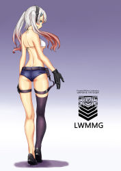 Rule 34 | 1girl, ass, bikini, bikini top only, black footwear, black gloves, black thighhighs, blue background, blue eyes, breasts, butt crack, closed mouth, from behind, full body, girls&#039; frontline, gloves, gradient background, gradient hair, grey hair, hair ornament, hairclip, halterneck, headphones, headset, highres, kneepits, loafers, long hair, lwmmg (girls&#039; frontline), multicolored hair, profile, shixu shimian, shoes, short shorts, shorts, sideboob, sidelocks, simple background, single thighhigh, small breasts, solo, swimsuit, thigh strap, thighhighs, thighs, twintails, white bikini