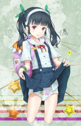 Rule 34 | 10s, 1girl, backpack, bag, black hair, clothes lift, cropped legs, hachikuji mayoi, hairband, hourainingyou, long hair, monogatari (series), nisemonogatari, panties, print panties, randoseru, red eyes, school uniform, skirt, skirt lift, solo, star (symbol), suspender skirt, suspenders, twintails, underwear, white panties