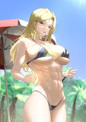 1girl abs absurdres beach_umbrella bikini black_bikini blonde_hair blue_bikini blue_eyes blue_sky breasts day highres hornet_(kancolle) kantai_collection large_breasts long_hair multicolored_bikini multicolored_clothes muscular muscular_female navel outdoors palm_tree shushan sky solo standing swimsuit tree umbrella white_bikini