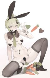Rule 34 | 1girl, black footwear, black thighhighs, blonde hair, bodypaint, bow, bracelet, breasts, carrot, character request, copyright request, detached collar, female focus, green bow, green necktie, grey nails, hair bun, hair ornament, hairclip, heart, high heels, highres, jewelry, kuroshiro ti, looking at viewer, medium breasts, nail polish, navel, necktie, pussy, rabbit ears, rabbit tail, simple background, single hair bun, solo, thighhighs, w, white background