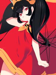 Rule 34 | 1girl, arm at side, arm behind head, arm up, ashley (warioware), black hair, brooch, clenched hand, cowboy shot, dress, female focus, flat chest, hairband, highres, holding, holding umbrella, idkuroi, jewelry, long hair, looking at viewer, neckerchief, nintendo, orange hairband, orange neckerchief, parted lips, red dress, red eyes, short dress, sidelocks, sleeveless, sleeveless dress, solo, standing, teeth, twintails, umbrella, warioware