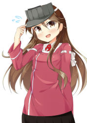 Rule 34 | 10s, 1girl, alternate hairstyle, arm behind back, bad id, bad pixiv id, blush, brown eyes, brown hair, flying sweatdrops, hair down, hand on headwear, hat, japanese clothes, kankitsunabe (citrus), kantai collection, long hair, looking at viewer, magatama, open mouth, ryuujou (kancolle), simple background, skirt, smile, solo, twintails, visor cap, white background