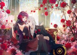 Rule 34 | 1boy, 1girl, absurdres, alcohol, black dress, chi meng (hua jianghu zhi bei mo ting), cup, dress, drinking glass, flower, hair flower, hair ornament, highres, hua jianghu chiyou zhuye, hua jianghu zhi bei mo ting, long hair, on lap, purple hair, rose, sidelocks, sitting, stained glass, upper body, wine, wine glass
