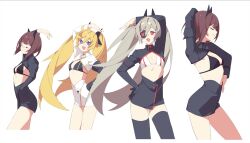 Rule 34 | 4girls, absurdres, black bra, blonde hair, blue eyes, bra, brown hair, clear (djmax), djmax, fail (djmax), flat chest, grey hair, highres, long hair, mamo c, manager (djmax), multiple girls, non-web source, red eyes, simple background, smile, twintails, underwear, white background