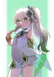 Rule 34 | 1girl, absurdres, child, dress, food, genshin impact, gradient hair, green eyes, green hair, highres, ice cream, nahida (genshin impact), long hair, looking at viewer, miaomia59174655, multicolored hair, nahida (genshin impact), open mouth, pointy ears, popsicle, side ponytail, sleeveless, sleeveless dress, solo, symbol-shaped pupils, white dress, white hair