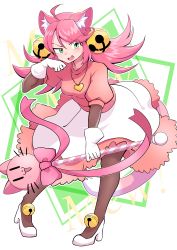 Rule 34 | 1girl, absurdres, animal ears, bell, black thighhighs, breasts, cat ears, cat tail, dress, gloves, green eyes, hair bell, hair ornament, high heels, highres, mad mew mew, magical girl, pink hair, solo focus, tail, thighhighs, twintails, undertale, white gloves, white heels