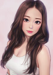Rule 34 | 1girl, breasts, brown eyes, brown hair, highres, lips, long hair, looking at viewer, medium breasts, real life, simple background, tank top, twice (group), tzuyu (twice), umigraphics, upper body