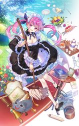 Rule 34 | 1girl, absurdres, ahoge, alcohol, animal, apron, aquarium (visual novel), black dress, black footwear, blue hair, blue sky, blush, book, bottle, breasts, bucket, cake, castle, cat, chair, cleavage, cloud, cloudy sky, commentary, cup, day, detached sleeves, dress, fingernails, flower, food, frilled skirt, frills, fruit, full body, gem, glass bottle, glasses, grass, hanekoto, highres, holding, hololive, jewelry, long hair, looking at viewer, maid, maid headdress, medium breasts, minato aqua, mop, multicolored hair, nail polish, neko (minato aqua), official art, open mouth, outdoors, pantyhose, purple eyes, purple hair, ribbon, shoes, short dress, simple background, skirt, sky, sleeveless, smile, sparks, spoon, table, teacup, teapot, tray, tree, twintails, two-tone hair, virtual youtuber, waist apron, water, wine, wine bottle, wooden bucket