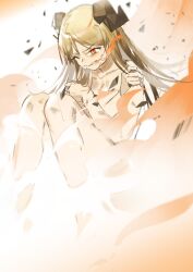 Rule 34 | 1girl, arknights, blonde hair, commentary, horns, ifrit (arknights), knees up, long hair, norizc, nude, one eye closed, orange eyes, solo