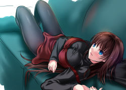 Rule 34 | 1girl, akeyama kitsune, aozaki aoko, blue eyes, blush, breasts, brown hair, couch, dress, large breasts, looking at viewer, lying, mahou tsukai no yoru, on couch, on side, pantyhose, red dress, smile, solo, strap slip
