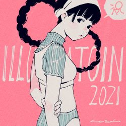 Rule 34 | 1girl, 2021, aqua buruma, aqua sweater, arm behind back, black hair, blunt bangs, body blush, braid, braided hair rings, buruma, closed mouth, cotoh tsumi, crop top, cropped sweater, english text, film grain, from behind, from side, frown, grabbing own arm, hair behind ear, hair rings, hairband, hand on own arm, high collar, illustration.media, ligne claire, limited palette, long hair, looking at viewer, looking back, looking to the side, low twintails, midriff, muted color, nose, original, pink background, ribbed sweater, short-sleeved sweater, short sleeves, signature, solo, speech bubble, sports bra, sweater, turtleneck, turtleneck sweater, twin braids, twintails, upper body, white hairband, white sports bra
