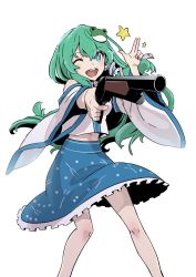 Rule 34 | 1girl, aiming, bad id, bad twitter id, blue eyes, blue skirt, commentary request, detached sleeves, feet out of frame, finger gun, frog hair ornament, green hair, gun, hair ornament, hair tubes, highres, holding, holding gun, holding weapon, kawayabug, kochiya sanae, lever action, long hair, looking at viewer, midriff, navel, one eye closed, open mouth, round teeth, shirt, shotgun, simple background, skirt, sleeveless, sleeveless shirt, smile, snake hair ornament, solo, star (symbol), teeth, touhou, weapon, white background, white shirt, white sleeves, winchester model 1887
