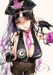 Rule 34 | 1girl, bare shoulders, black gloves, black hair, black hat, blush, bodystocking, breasts, cleavage, commentary, covered navel, facial mark, fate/grand order, fate (series), fingerless gloves, forehead mark, gloves, halterneck, hat, large breasts, long hair, looking at viewer, multicolored hair, necktie, parted bangs, pink hair, pink neckwear, police hat, ponytail, sessyoin kiara, sessyoin kiara (swimsuit mooncancer), sessyoin kiara (swimsuit mooncancer) (second ascension), streaked hair, symbol-only commentary, thighs, very long hair, yd (orange maru), yellow eyes