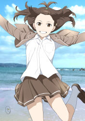 Rule 34 | 1girl, absurdres, beach, breasts, brown eyes, brown hair, commentary request, grin, hair ornament, highres, jacket, kamogawa girls&#039; high school uniform, kobayashi chizuru, kyouno madoka, loafers, long hair, looking at viewer, open clothes, open jacket, outdoors, pleated skirt, rinne no lagrange, school uniform, shoes, short hair, skirt, small breasts, smile, solo