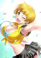 Rule 34 | 1girl, :d, armpit peek, armpits, ball, black skirt, blonde hair, blush, breast pocket, breasts, cleavage, commentary, confetti, earrings, fukuda noriko, idolmaster, idolmaster million live!, idolmaster million live! theater days, jewelry, large breasts, looking at viewer, miniskirt, necklace, one eye closed, open mouth, playing sports, pocket, shirt, shirt pocket, short hair, skirt, smile, strapless, teeth, tied shirt, tube top, volleyball, volleyball (object), yellow shirt, zen