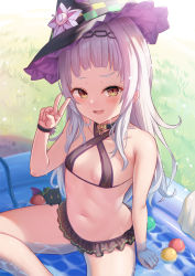 Rule 34 | 1girl, :d, bare arms, bare shoulders, bikini, black bikini, black hat, blunt bangs, blush, breasts, brown eyes, commentary request, criss-cross halter, day, frilled bikini, frills, grey hair, halterneck, hand up, hat, highres, hololive, long hair, looking at viewer, milkshakework, murasaki shion, murasaki shion (hololive summer 2019), navel, open mouth, outdoors, shallow water, sitting, small breasts, smile, solo, swimsuit, tilted headwear, v, very long hair, virtual youtuber, wading pool, water, witch hat