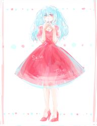 Rule 34 | 10s, 1girl, bad id, bad pixiv id, blue eyes, blue hair, breasts, character name, cleavage, copyright name, dress, full body, heterochromia, high heels, highres, kjula, long hair, matching hair/eyes, puffy short sleeves, puffy sleeves, red dress, red eyes, red footwear, shoes, short sleeves, smile, solo, standing, tokyo ghoul, tokyo ghoul:re, twintails, yonebayashi saiko
