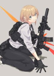 Rule 34 | 1girl, absurdres, ammunition pouch, ar-15, backpack, bag, blonde hair, earrings, gloves, grey eyes, gun, handgun, highres, holding, holding gun, holding weapon, jewelry, kneeling, looking at viewer, optical sight, original, bulletproof vest, pouch, rifle, short hair, sig mcx, solo, soutou nagi, suppressor, weapon