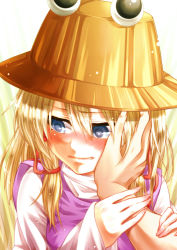 Rule 34 | 1girl, absurdres, blonde hair, blue eyes, blush, hair ribbon, hand on another&#039;s cheek, hand on another&#039;s face, hat, highres, holding another&#039;s wrist, moriya suwako, nora wanko, ribbon, touhou, wide sleeves
