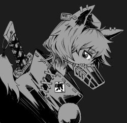 Rule 34 | 1girl, absurdres, animal ears, ear tag, greyscale, hat, highres, inubashiri momiji, looking at viewer, looking to the side, monochrome, muzzle, nehitsuji (syatihokoga), pom pom (clothes), profile, short hair, simple background, solo, sword, tokin hat, touhou, turtleneck, weapon, weapon on back, wolf ears