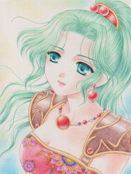 Rule 34 | 1990s (style), 1girl, bad id, bad pixiv id, breasts, earrings, female focus, final fantasy, final fantasy vi, green eyes, green hair, jewelry, long hair, matching hair/eyes, necklace, ponytail, smile, solo, tina branford, traditional media, yukiou