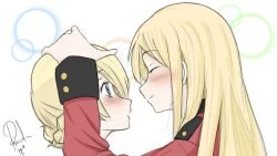 2girls blonde_hair blush braid commentary_request darjeeling_(girls_und_panzer) earl_grey_(girls_und_panzer) girls_und_panzer hand_on_another&#039;s_head jacket long_hair multiple_girls red_jacket signature smile st._gloriana&#039;s_military_uniform