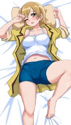 Rule 34 | 1girl, absurdres, bare legs, barefoot, bed sheet, blue shorts, blush, breasts, camisole, clothes lift, collarbone, commentary request, commission, daiba nana, ereka, fingernails, foot out of frame, green eyes, hair down, hands up, highres, light brown hair, long hair, looking at viewer, lying, medium breasts, midriff peek, navel, on back, one eye closed, open clothes, open shirt, parted lips, pillow, pixiv commission, shirt, shirt lift, short sleeves, shorts, shoujo kageki revue starlight, sleeves pushed up, solo, stomach, white camisole, yellow shirt