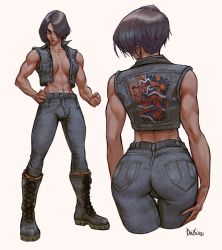 Rule 34 | 1girl, abs, arms at sides, black hair, blue eyes, bob cut, boots, breast pocket, bulge, commission, debirudude, denim, earrings, futanari, hair over one eye, hand on own hip, hand on own thigh, highres, jeans, jewelry, muscular, muscular female, one eye covered, open clothes, open vest, original, pants, pink background, pocket, signature, simple background, solo, toned, vest, white background, wide hips