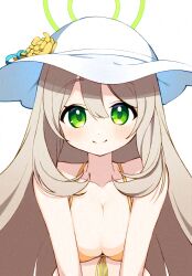 Rule 34 | 1girl, bare shoulders, bikini, blue archive, blush, breasts, brown hair, cleavage, closed mouth, collarbone, commentary request, flower, front-tie bikini top, front-tie top, green eyes, hair between eyes, halo, hat, hat flower, highres, large breasts, long hair, looking at viewer, mei mu, nonomi (blue archive), nonomi (swimsuit) (blue archive), official alternate costume, simple background, smile, solo, swimsuit, upper body, white background, white hat, yellow bikini, yellow flower