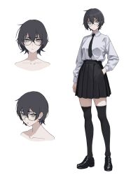 Rule 34 | 1girl, black footwear, black hair, black necktie, breasts, character sheet, collarbone, commentary request, full body, glasses, grey eyes, hand in own hair, highres, loafers, medium breasts, miniskirt, mole, mole on collarbone, necktie, original, pleated skirt, rob 110101101, round eyewear, shoes, short hair, skirt, solo, thighhighs, zettai ryouiki